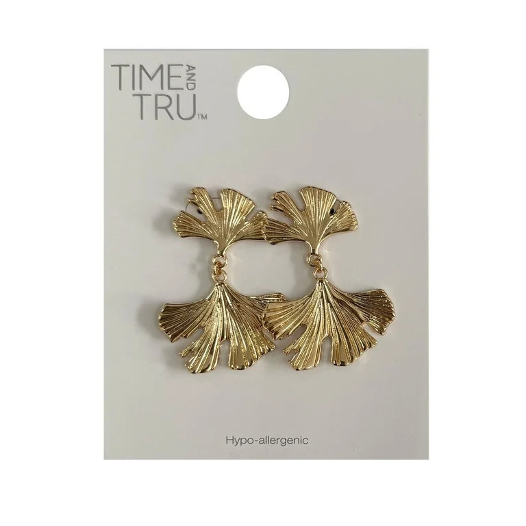 Time and Tru Textured Metal Gingko Leaf Earrings Gold Plated for Female Adults and Teens | Walmart (US)