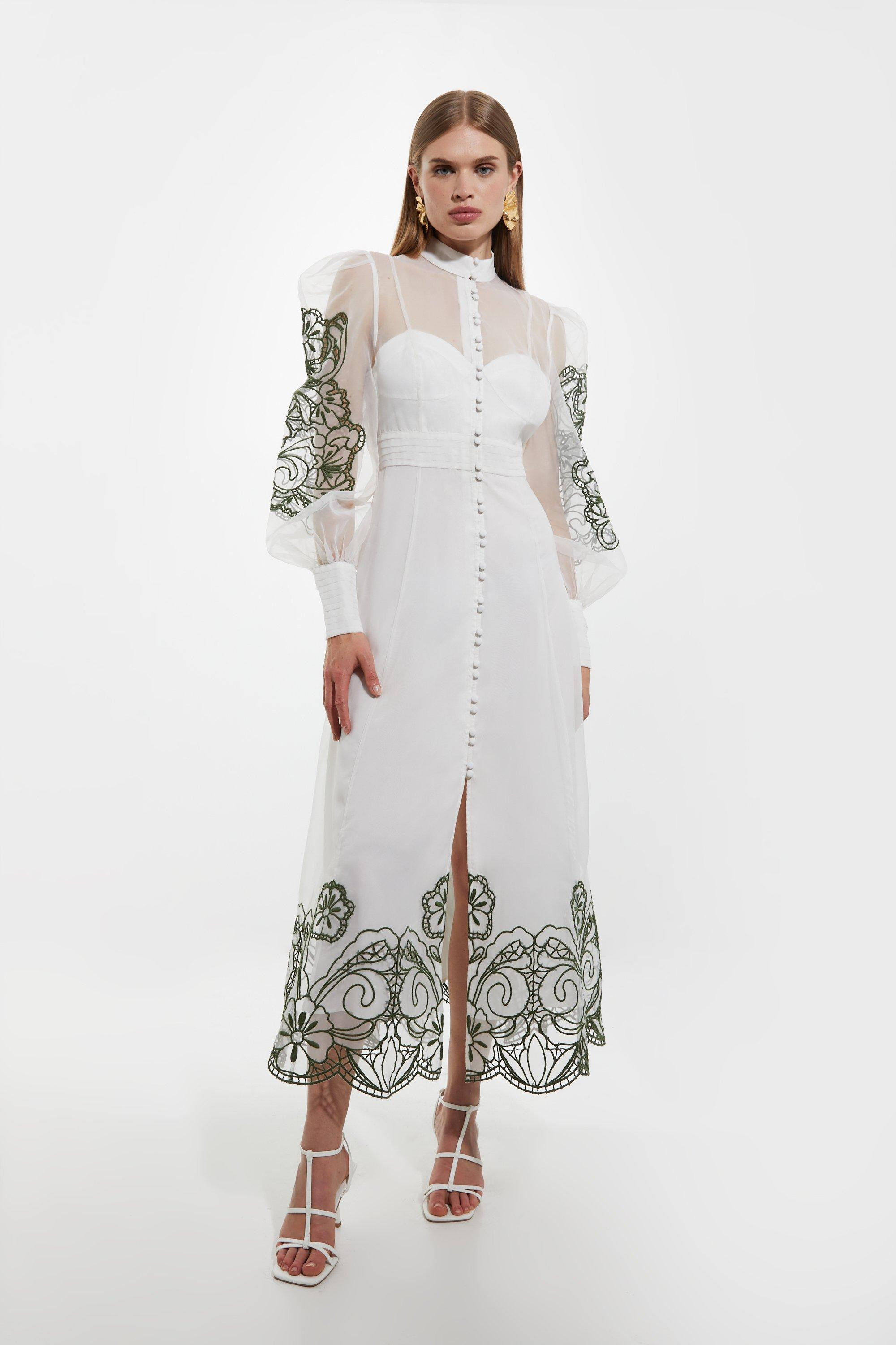 Embroidered Floral Woven Button Up Maxi Dress | Karen Millen UK + IE + DE + NL