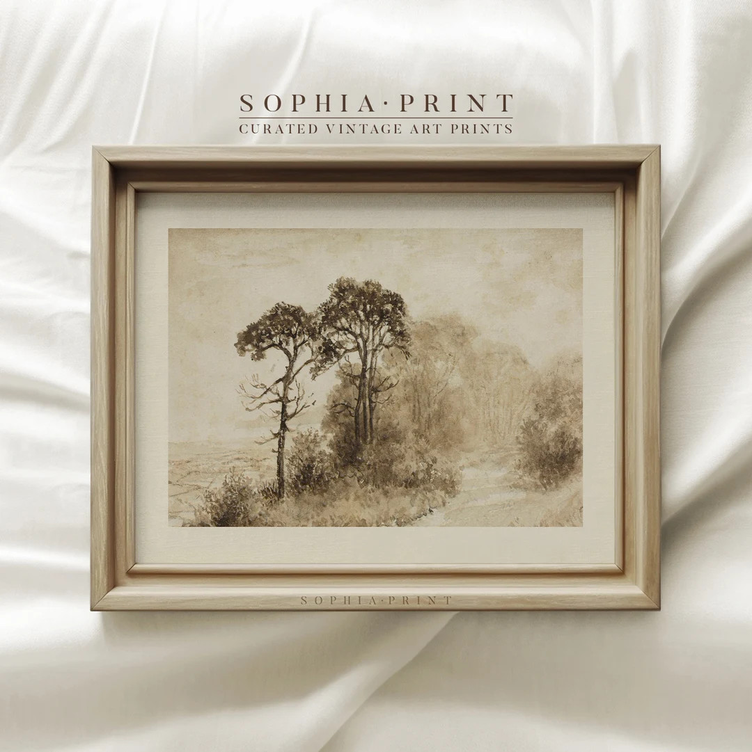 Vintage Landscape Drawing Print, Forest Skecth Art, Sepia Tone, Moody Vintage Tree Prints, Rustic... | Etsy (US)