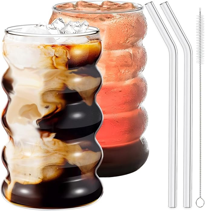 2 Pcs Drinking Glasses with Glass Straws, 20oz Iced Coffee, Milk Tea, Fruit Smoothie Glasses - Id... | Amazon (US)