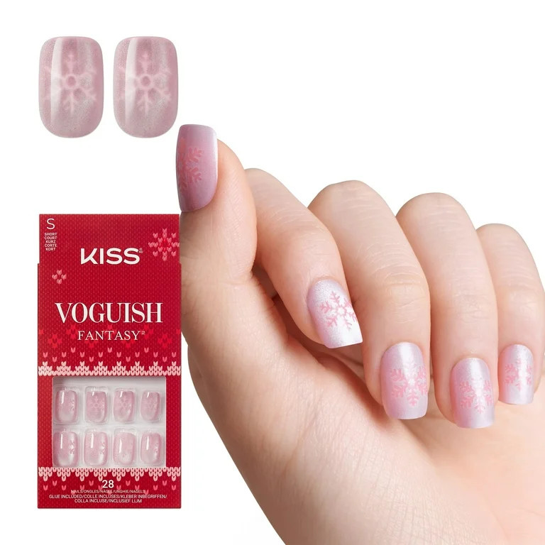 KISS Voguish Fantasy Holiday Press On Nails, ‘Frosty Delights’, Pink, Short Squoval, 28 Count | Walmart (US)