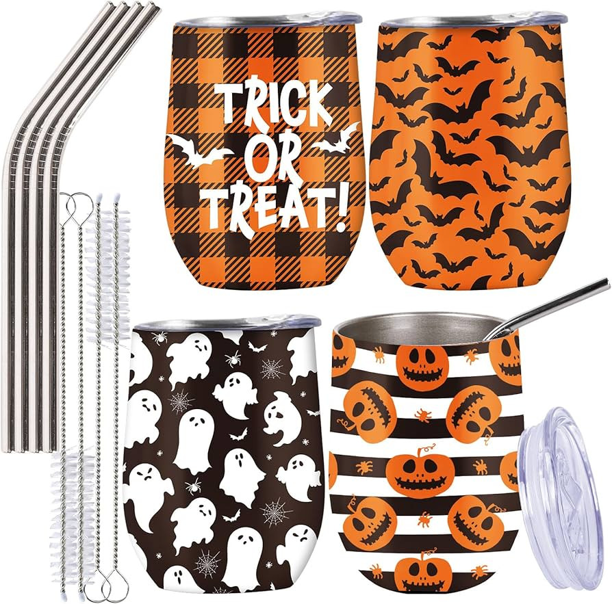 Whaline Halloween 4Pcs Wine Tumblers 12 oz Stainless Steel Tumbler with Straw and Cleaning Brush ... | Amazon (US)