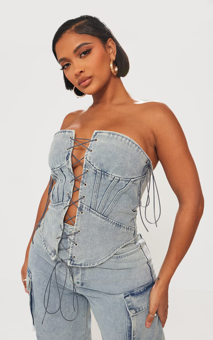 Shape Light Blue Wash Denim Lace Up Front Corset | PrettyLittleThing US