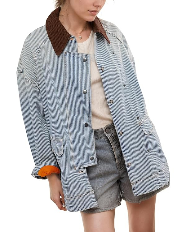 Kedera Women's Jean Jacket Oversized Striped Denim Jacket Long Sleeve Button Down Fashion Fall Sh... | Amazon (US)