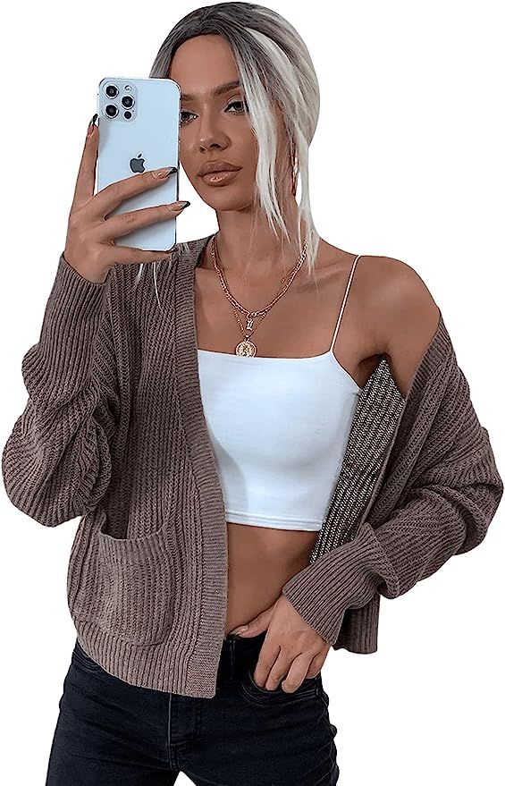 Verdusa Women's Open Front Long Sleeve Knitted Crop Sweater Cardigan with Pocket | Amazon (US)