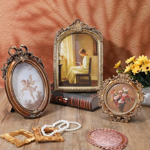 3 Pcs Small Vintage Picture Frames, Gold Vintage Frames, Antique Resin Photo Frame Set Baroque Ornate Display for Wall Tabletop Home Wedding Decor | Amazon (US)