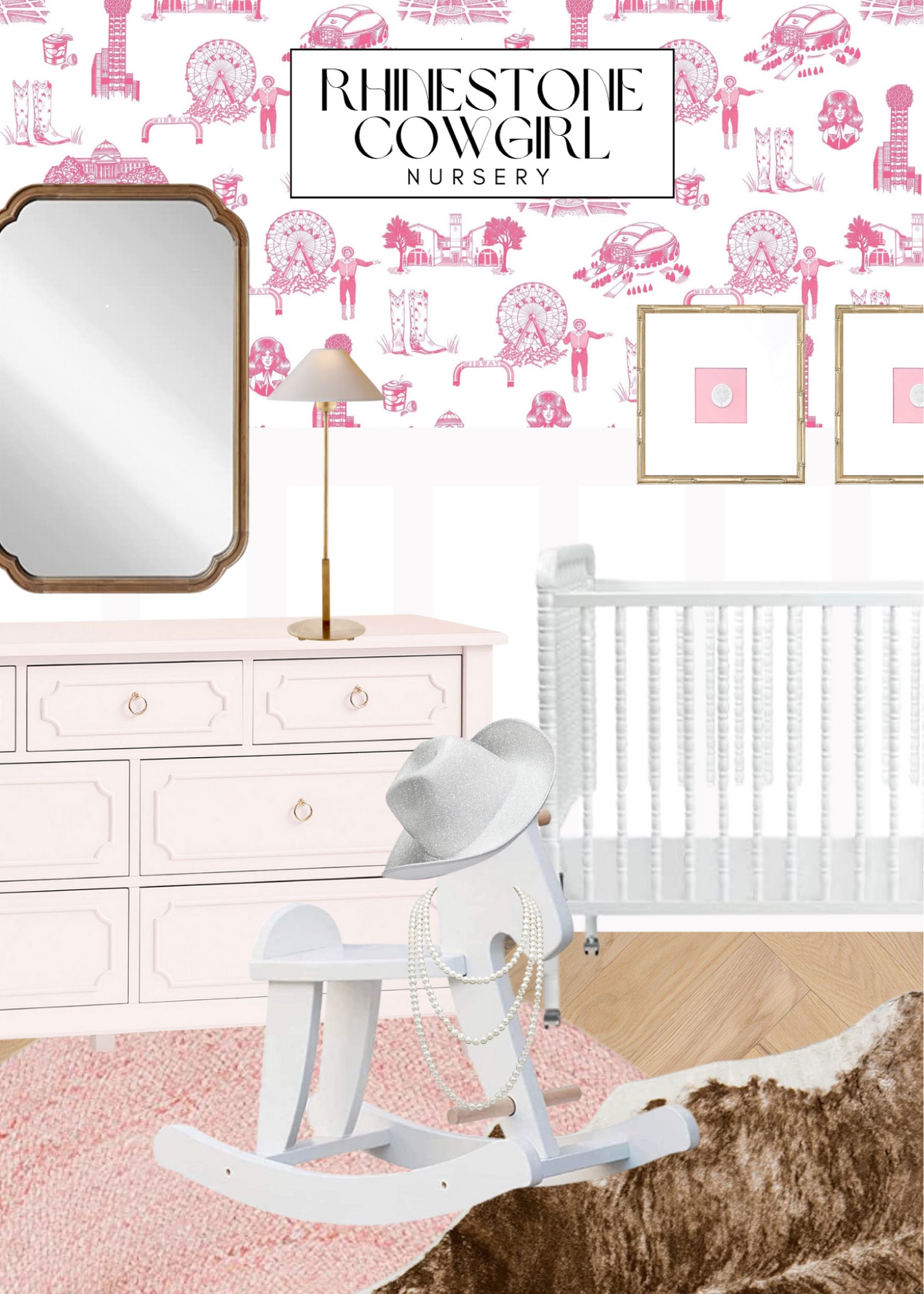 Rhinestone Cowgirl Baby Girl Nirsery Design inspiration featuring Dallas Toile wallpaper | eclectic vintage nursery decor with a Texas twist 

#LTKhome #LTKbump #LTKbaby