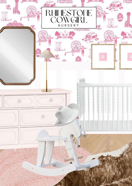 Rhinestone Cowgirl Baby Girl Nirsery Design inspiration featuring Dallas Toile wallpaper | eclectic vintage nursery decor with a Texas twist 

#LTKhome #LTKbump #LTKbaby