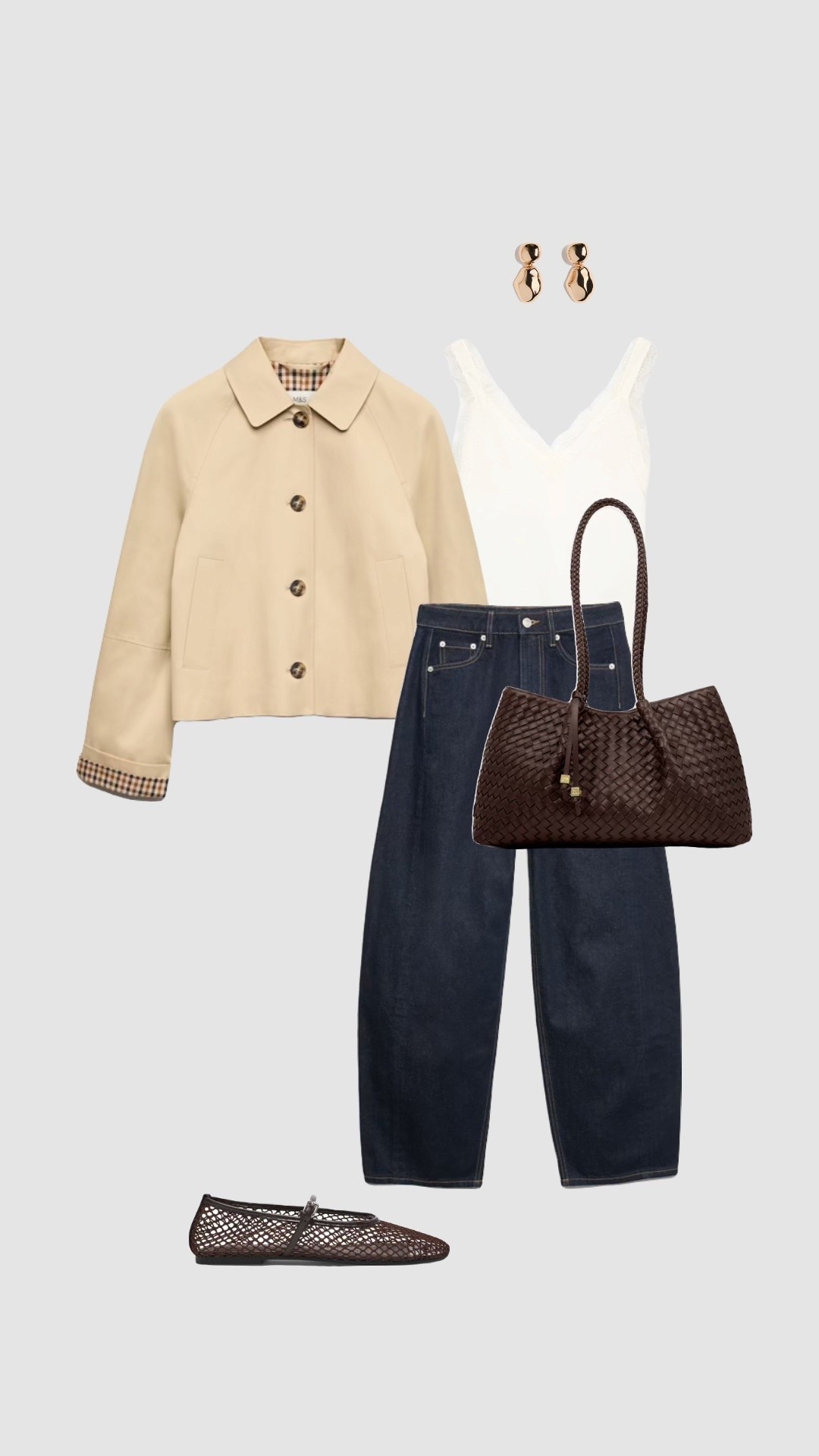 Beige Trench Coat Transitional Jacket Outfit 

• womens uk 2026 outfits dark indigo blue barrel jeans petite style work workwear office outfits autumn summer outfit woven brown tote bag mesh ballet flats white cream lace knit top transitional jackets  everyday outfit ideas •

#LTKuk #LTKautumn #LTKworkwear