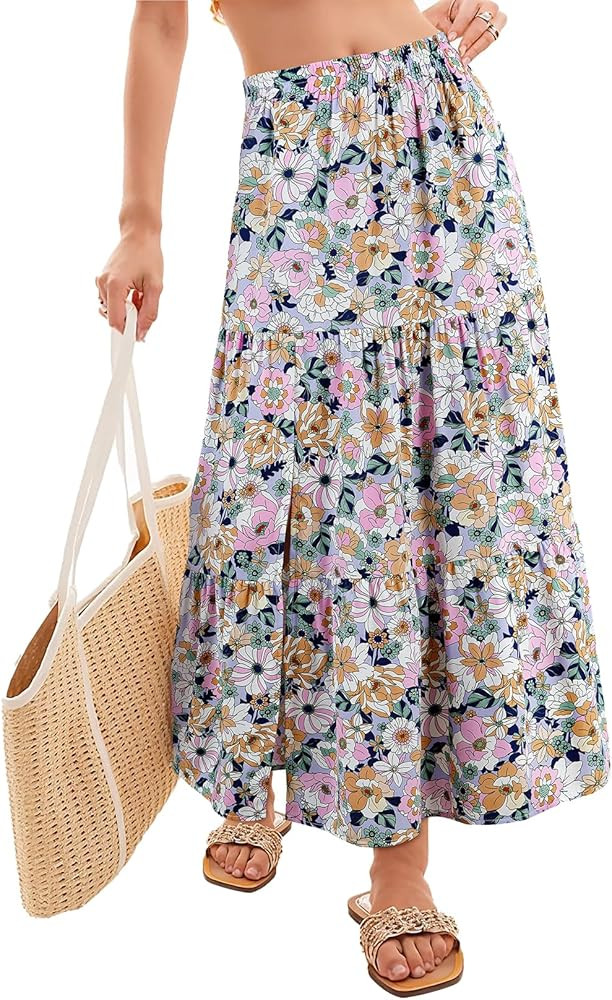 Happy Sailed Skirts for Women Spring Summer Boho Floral Print High Waist Flowy Split A Line Maxi ... | Amazon (US)