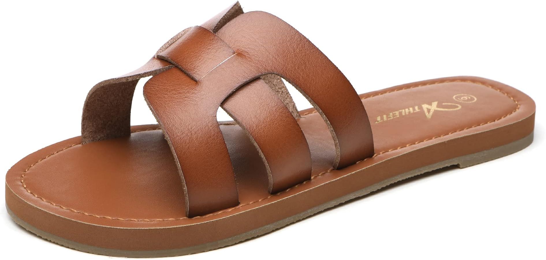 Athlefit Women's Flat Sandals Summer Casual Slip On Leather Slide Sandal | Amazon (US)