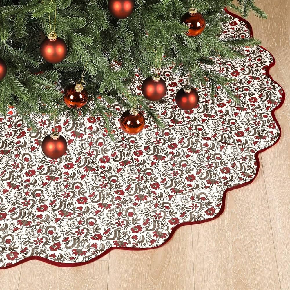 Christmas Tree Skirt Cotton Floral Block Tree Skirt in Nature Color for Home Xmas Party Seasonal ... | Amazon (US)