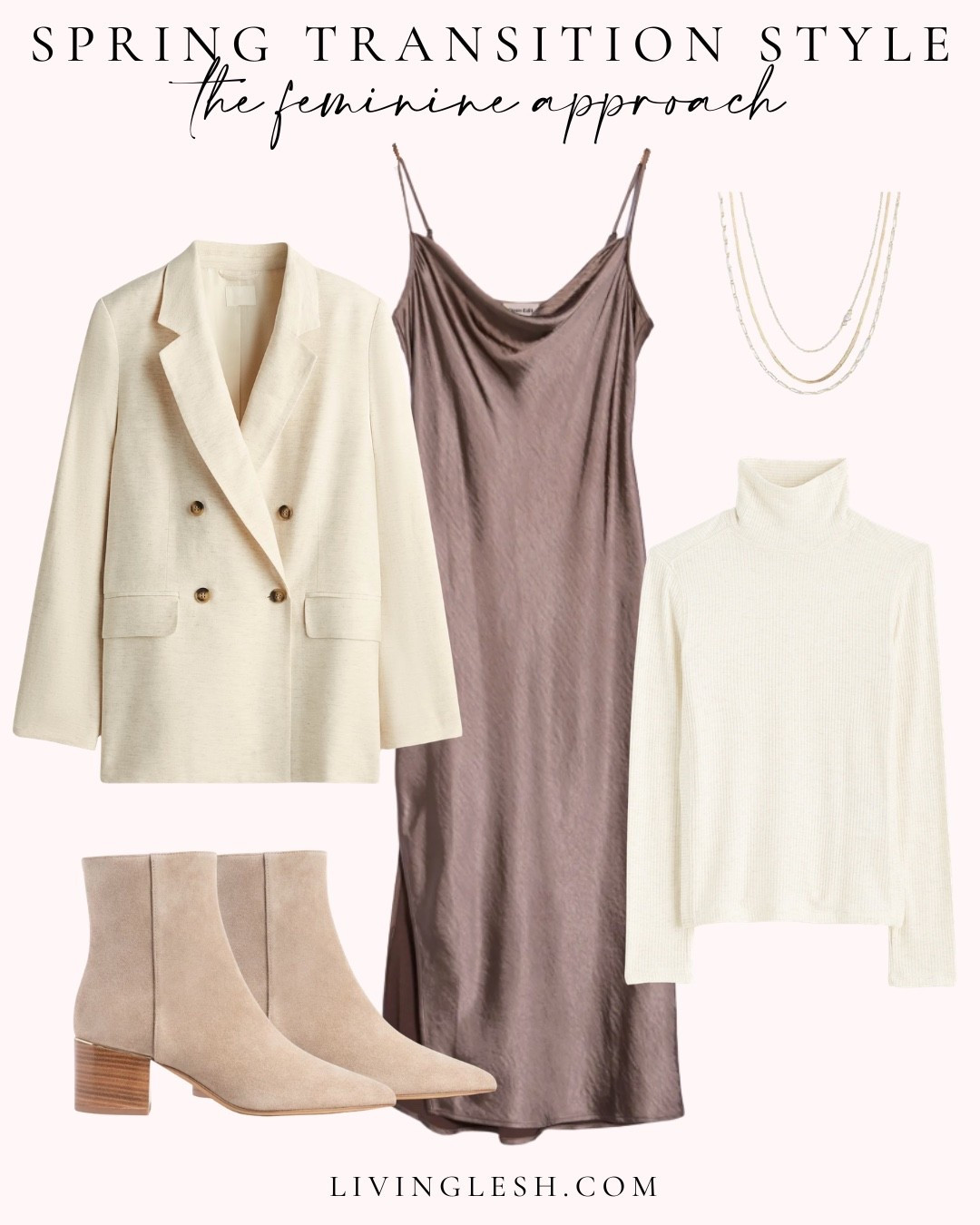 Spring outfit | spring style | silk dress | midi dress | turtleneck | blazer | linen blazer | booties | suede booties | necklace | feminine outfitt

#LTKootd #LTKSeasonal