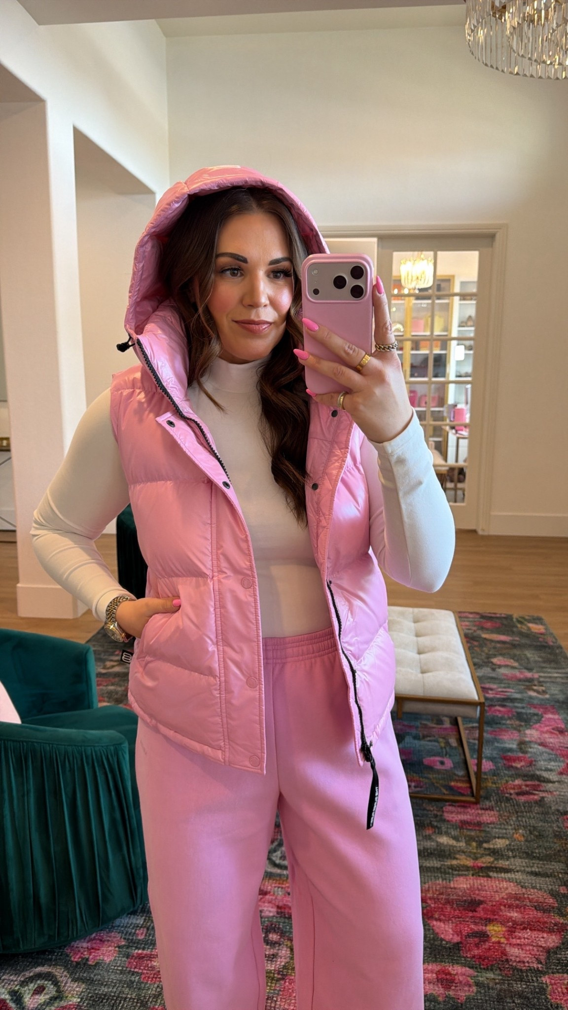 curvy midsize morganite pink @Aritzia winter mom style 💕 wearing size medium in vest, large on mock neck, and large in sweat pants 

#LTKMidsize #LTKValentine #LTKSeasonal