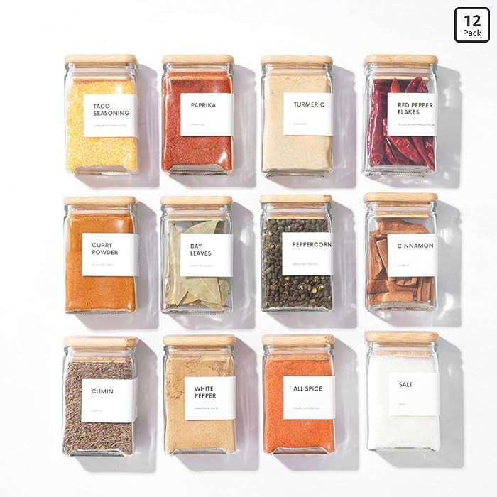 APT 1101 Glass Square Spice Jars with Labels, 4oz Glass Jars with Bamboo Lids, Spice Bottles, Sea... | Amazon (US)