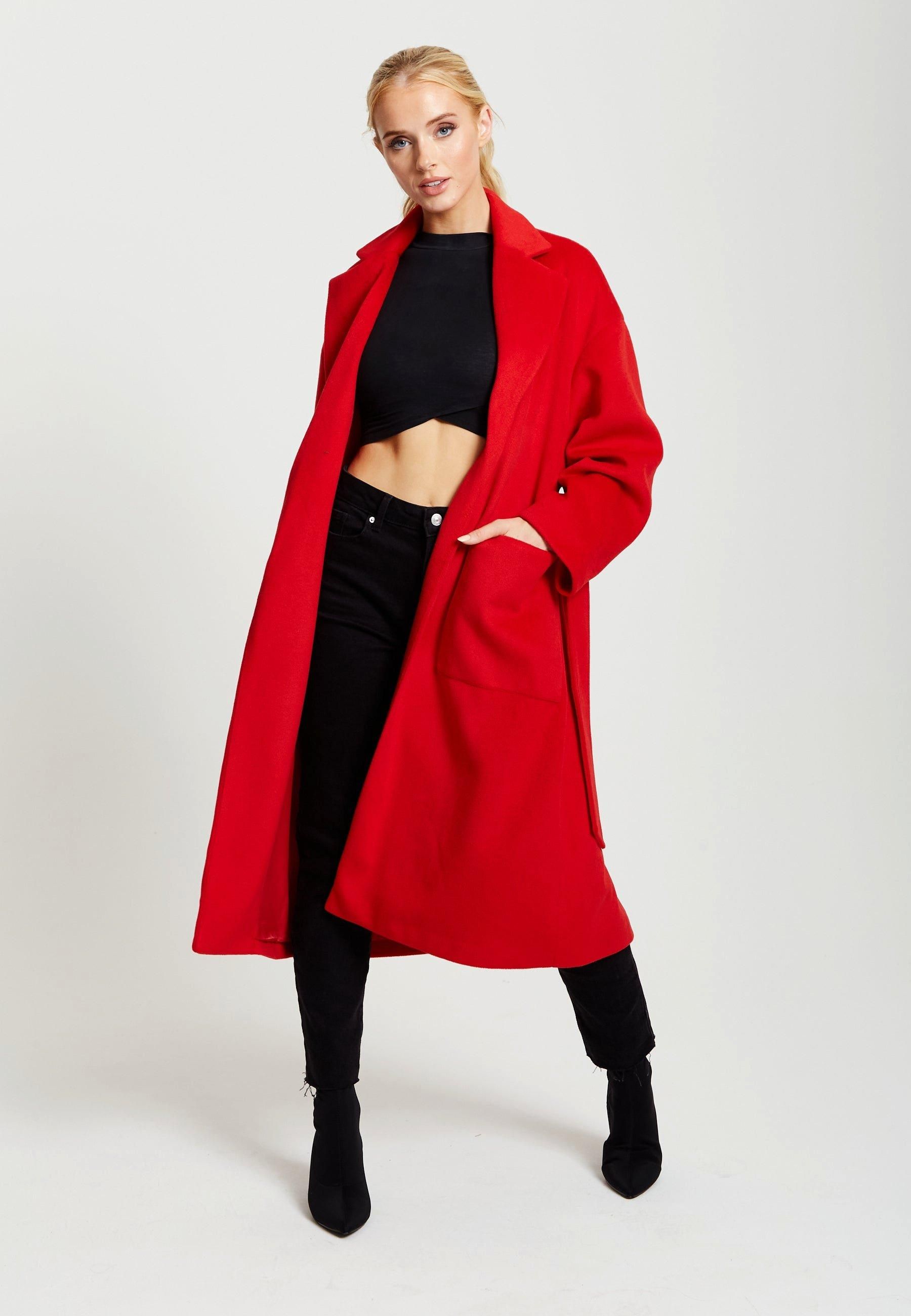 Jackets & Coats | Belted Longline Coat In Red | Liquorish | Debenhams UK
