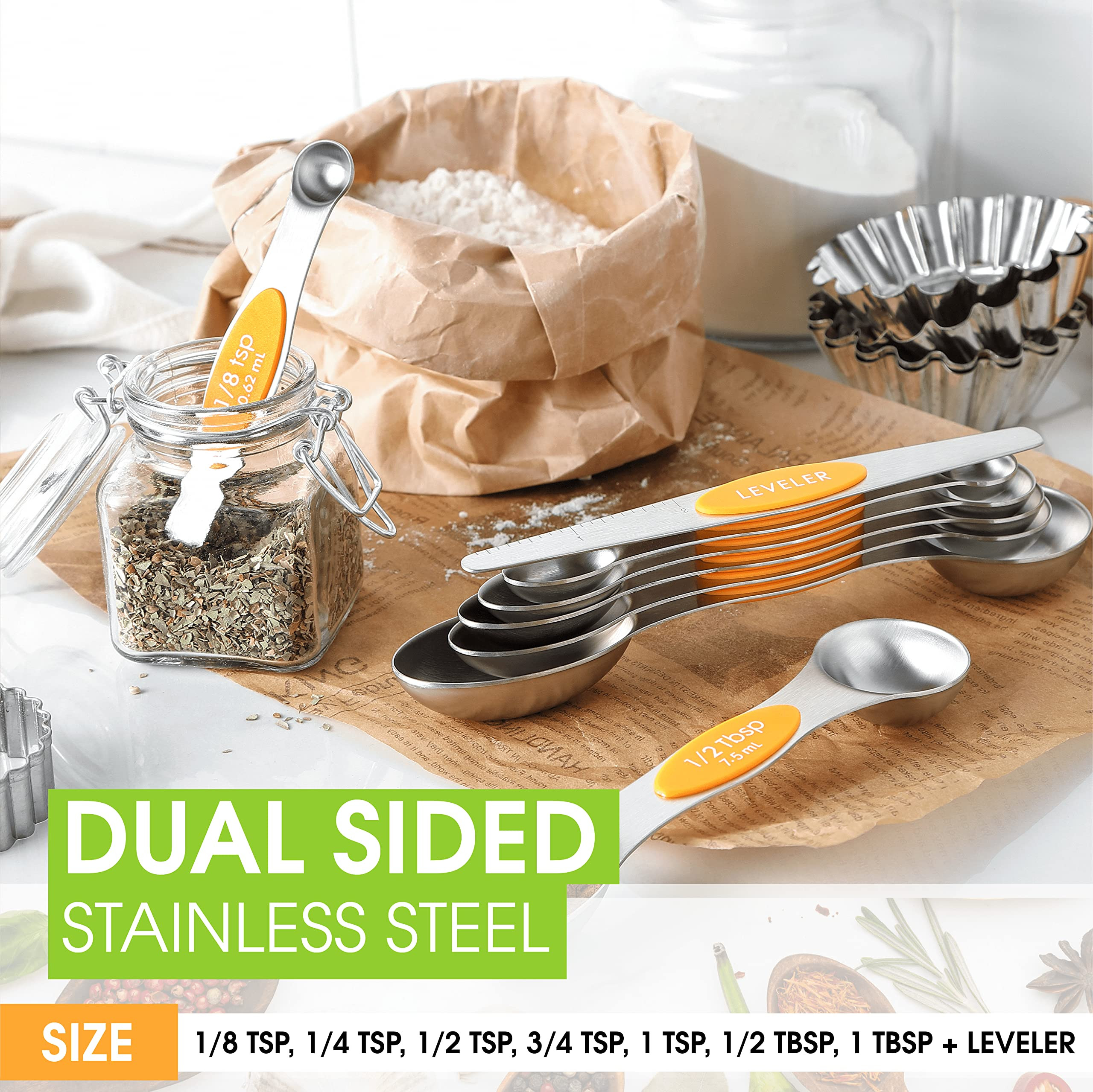 Spring Chef Stainless Steel Magnetic Measuring Spoons Set of 8 with Leveler, Dual Sided Metal Tea... | Amazon (US)