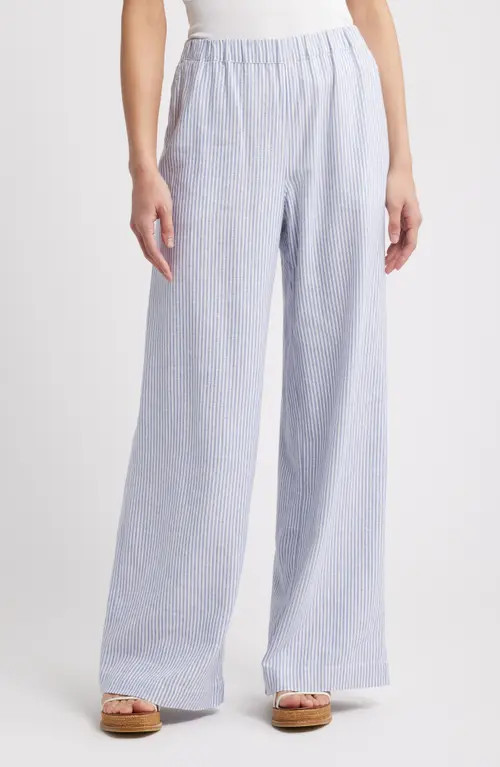 caslon(r) Stripe Wide Leg Linen Blend Pants in Blue- White Harper Stripe at Nordstrom, Size Small | Nordstrom