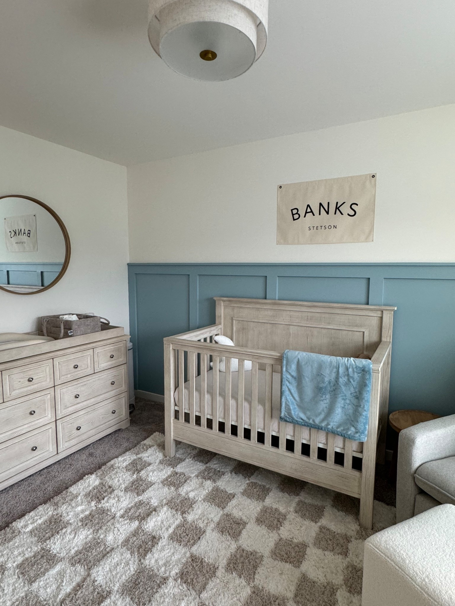 Banks’s nursery details 

Baby boy nursery, nursery decor, nursery furniture, nursery organization, crib, pottery barn kids, nursery glider, nursery recliner, name sign, nursery mattress, neutral rug, checkered rug, nursery dresser, changing table, diaper caddy 

#LTKHome #LTKBaby #LTKFamily