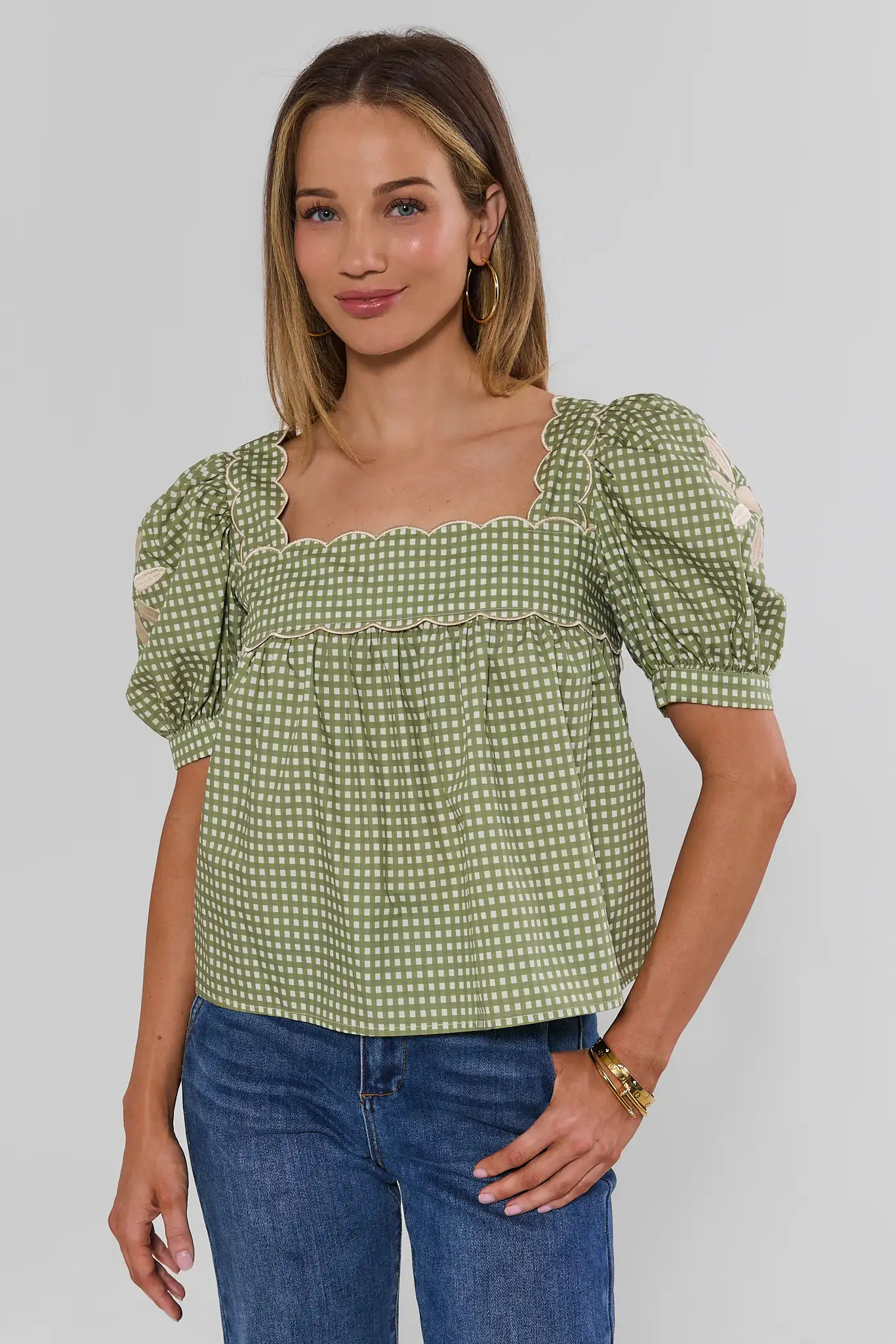 Green Gingham Square Neck Top | Avara