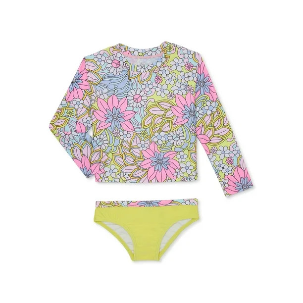 Wonder Nation Baby and Toddler Girl Rashguard Swimsuit, 2-Piece, Sizes 12M-5T | Walmart (US)