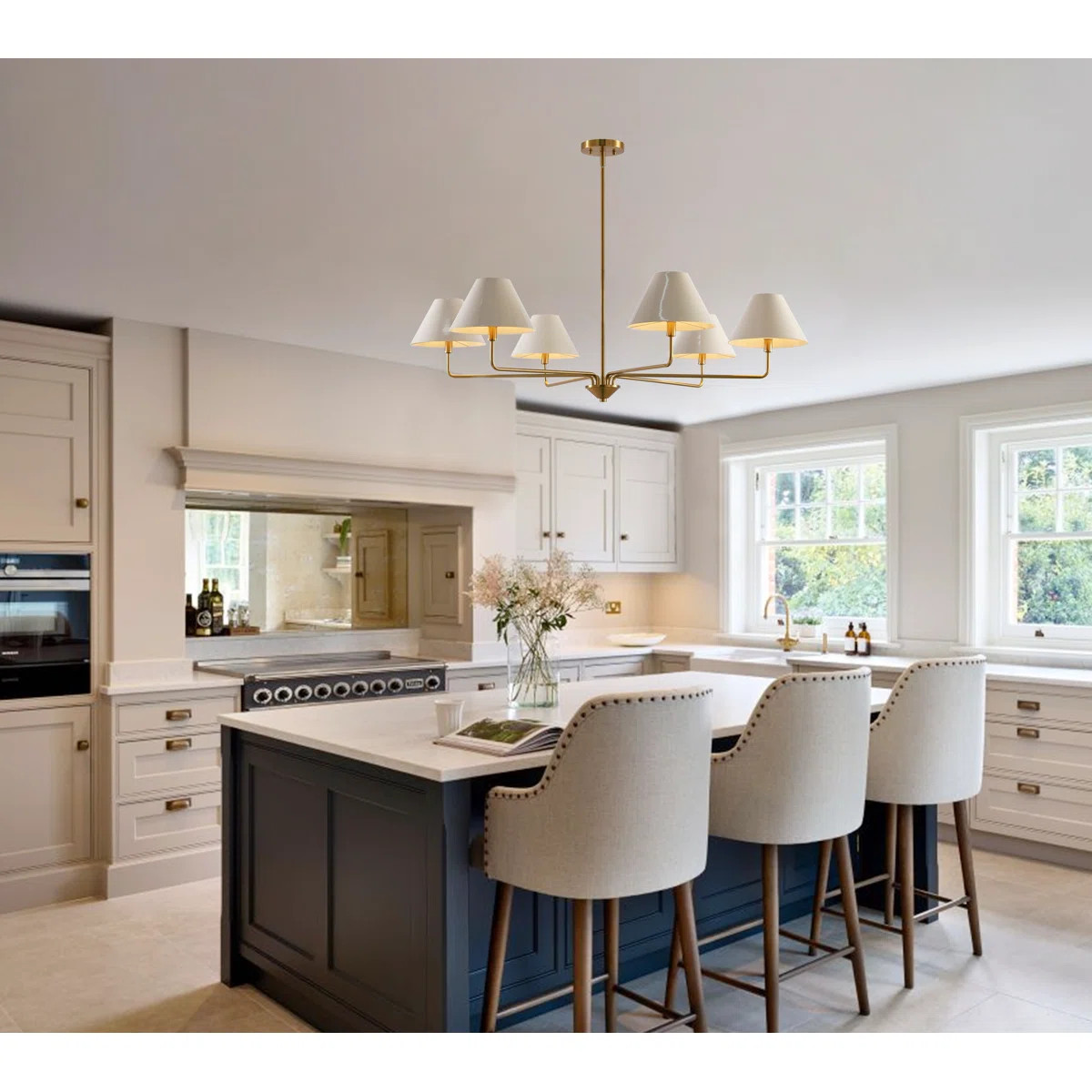 Mid-Century Modern Brass 6-Light Chandelier with Shades | Wayfair North America