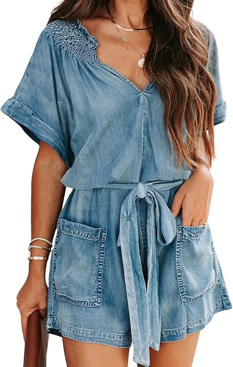 Womens Denim Jumpsuits Short Sleeve V Neck Belted Wide Leg Shorts Jean Overall Romper | Amazon (US)