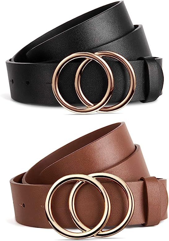 BROMEN 2 Pack Belt for Women Leather Belts for Dress Jeans Pants Waist Belt with Double O-Ring Bu... | Amazon (US)