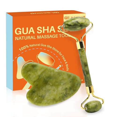 Olaemuo Jade Gua Sha and Face Roller, Real Jade Gua-Sha Stone Facial Tools Set for Reduce Puffiness, Body Guasha Tool for Relieve Neck Tension, Skincare Beauty Massager as Present for Women, Green | Amazon (US)