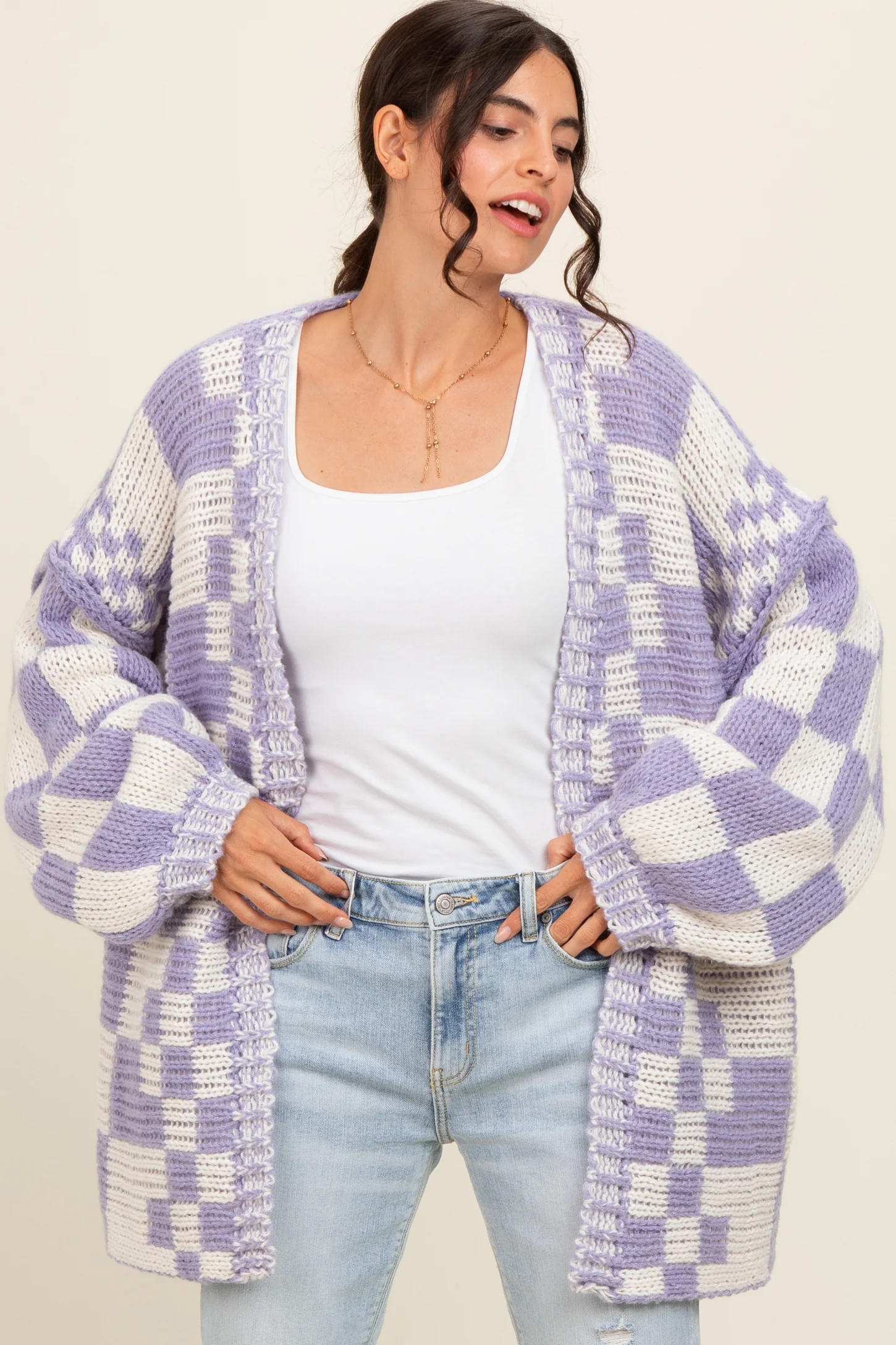 Lavender Mixed Check Pattern Chunky Cardigan | PinkBlush Maternity