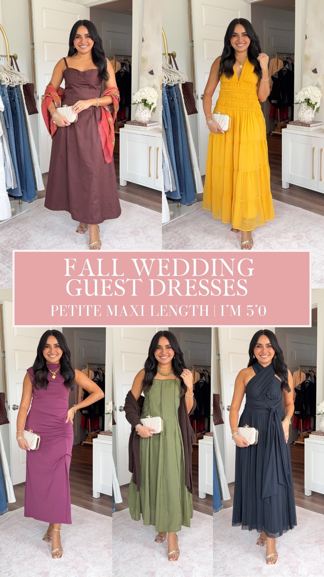 Fall Wedding Dresses - Petite Friendly!
For reference: I’m 5’0, petite, 32b bra size, and 2/26 in bottoms, pear shaped. 
*Everything I share is unaltered! TTS means true to size. Between size 5-6.5 in shoes

Brown Mahogany dress size xs petite TTS
Golden yellow dress size xs petite TTS
Purple pink dress size xs petite TTS
Olive green dress size xs TTS
Black 5 in 1 dress size xs petite TTS
Gold heels size 5 TTS

Wedding guest dress
Fall wedding
Fall fashion women
Maxi dress
Petite dress

#LTKPetite #LTKWedding #LTKootd