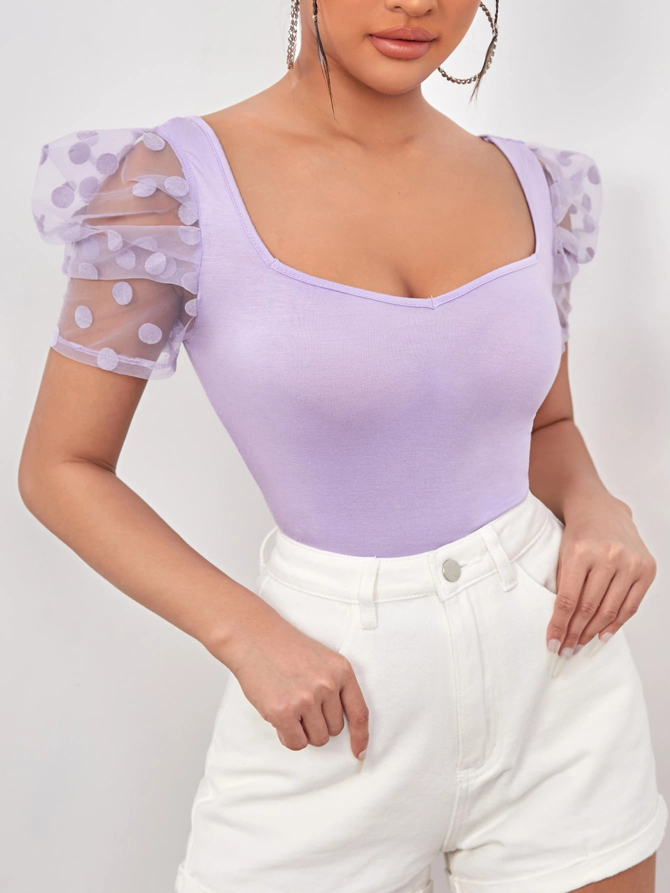 SHEIN Sweetheart Neck Dobby Mesh Sleeve Top | SHEIN