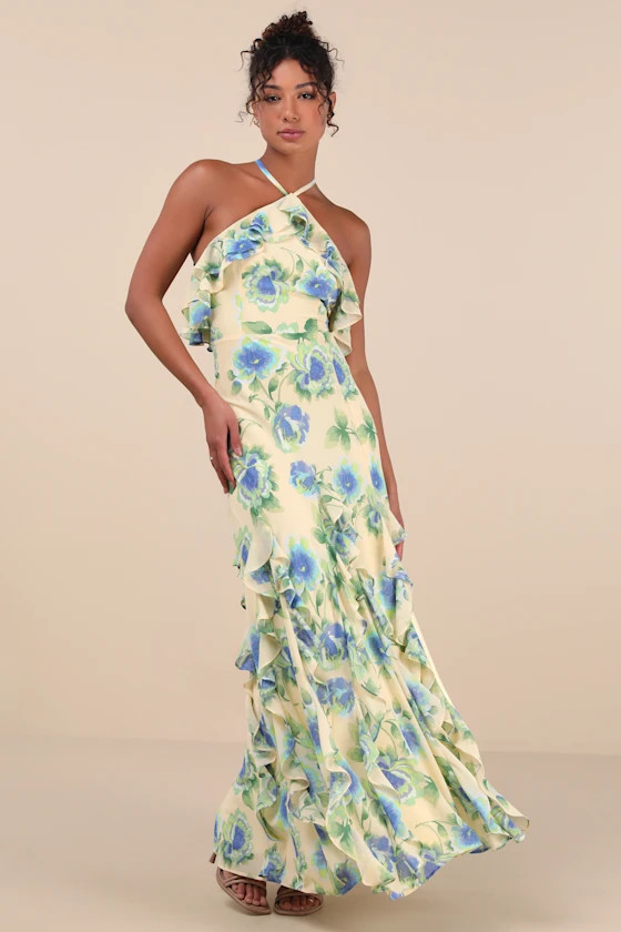 Casey Yellow Floral Halter Ruffled Maxi Dress | Lulus