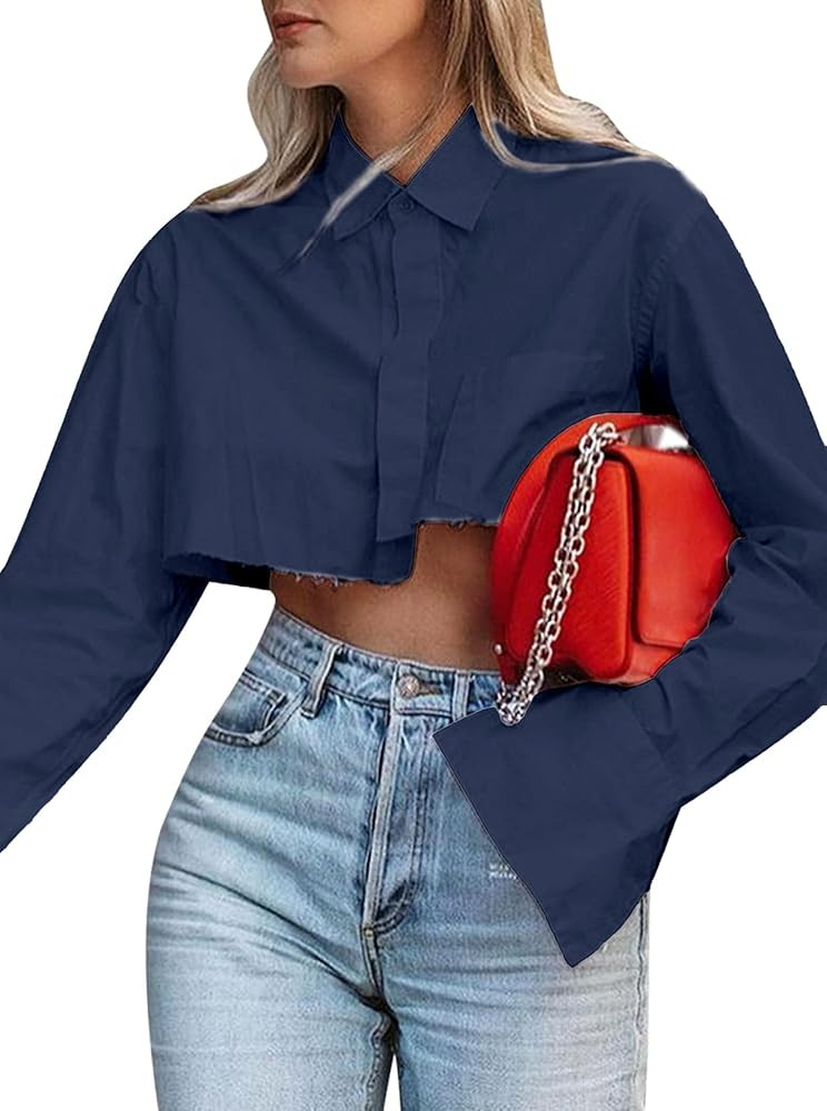 Remidoo Women's Asymmetrical Hem Long Sleeve Cropped Button Up Shirt Crop Top Blouse Streetwear | Amazon (US)