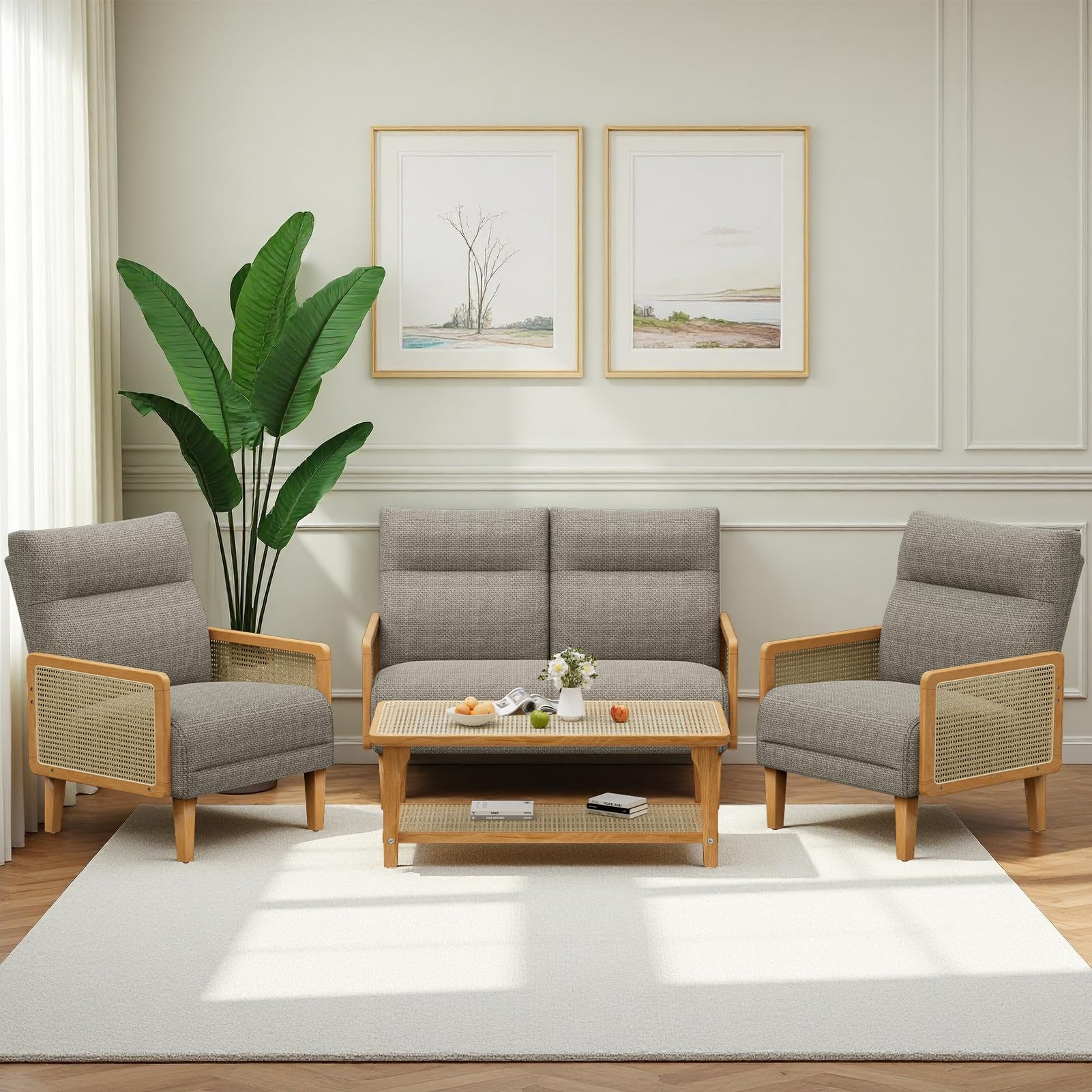 3 Piece Rattan Living Room Furniture Set, Including 1x Loveseat + 2 x Accent Chairs, Modern Comfy... | Amazon (US)