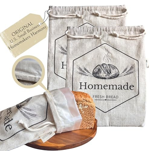 Bread Bags for Homemade Bread by HOMEMAKERS HARMONY | 2 Pack XL Organic Linen Sourdough Bread Bags | Reusable Bread Bags | Homemade Bread Storage | Linen Bread Bag | Bread Storage For Homemade Bread | Amazon (US)