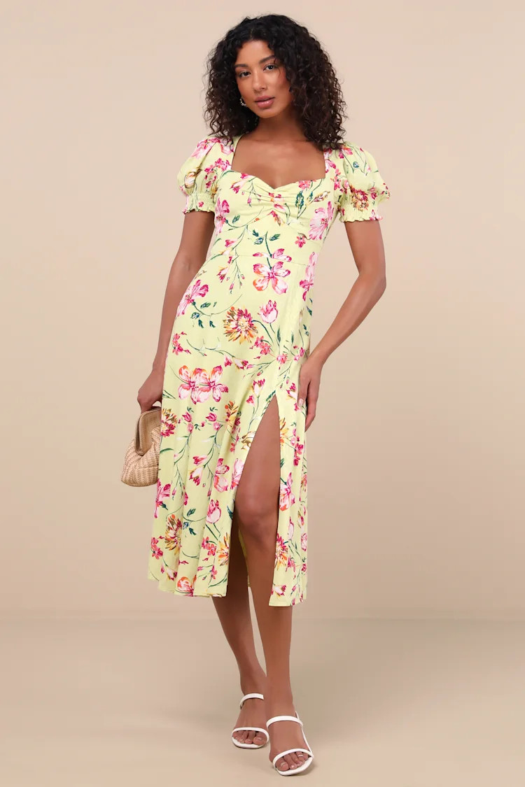 Parisian Picnic Green Floral Jacquard Puff Sleeve Midi Dress | Lulus