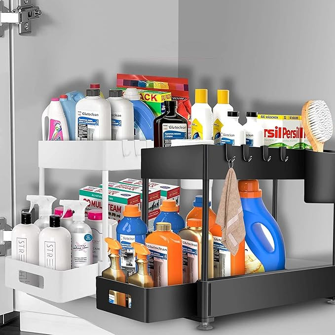Under Sink Organizer, 2 Tier Bathroom Organizer Under Sink with Hooks, Hanging Cup, 2 Pack Under ... | Amazon (US)