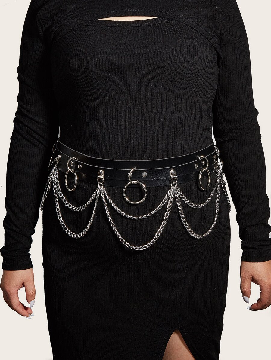 Street 1pc Plus-Size Women's Black Metal Circle Pendant Shape Double Layer Chain Waist Belt With ... | SHEIN