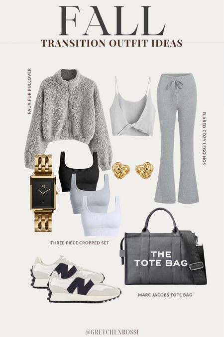 Some transition to Fall outfit inspo with grays, blacks and a pop of gold