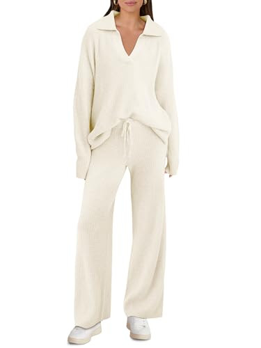 ANRABESS Women Two Piece Outfits Sweater Sets Lounge Waffle Knit Pullover Matching Wide Leg Pants... | Amazon (US)