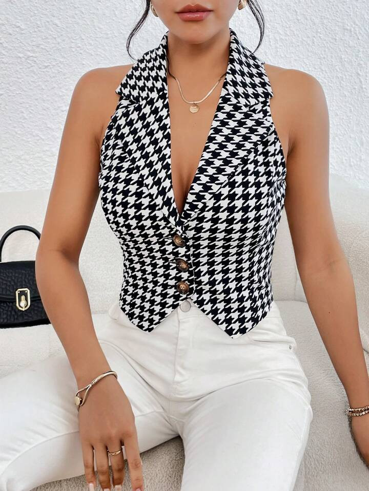 SHEIN Privé Houndstooth Print Button Front Vest Blazer | SHEIN