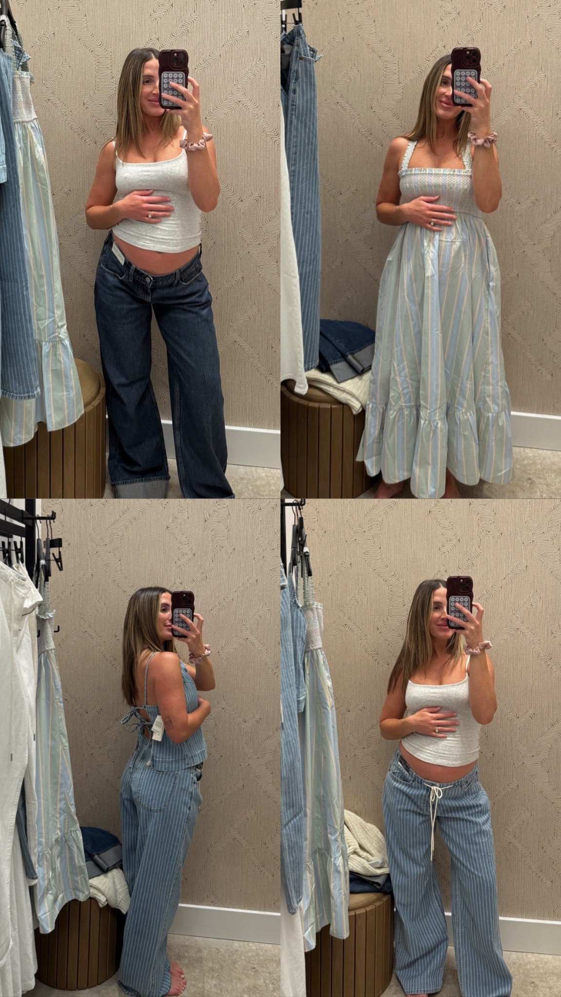 I’m 5’2” in XS dress, XS linen stripe top, XS bra free tank, & 27 reg length in the jeans + linen jeans! 