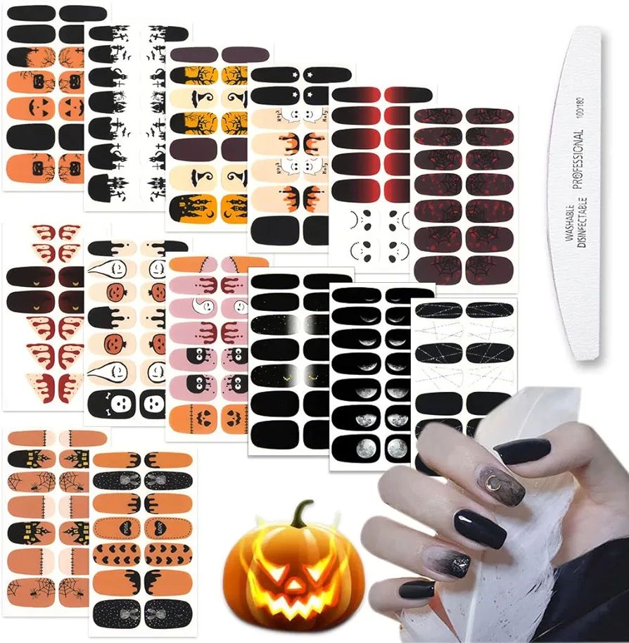 WOKOTO 14 Sheets Halloween Nail Stickers Full Nail Wraps with Pumpkin Bat Ghost Witch Spider Desi... | Amazon (US)