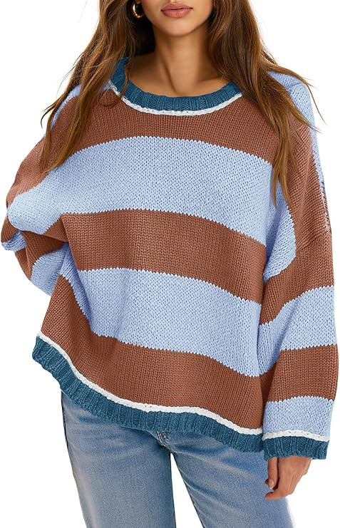 Fisoew Womens Oversized Sweaters Casual Long Sleeve Striped Color Block Crewneck Knitted Loose Fa... | Amazon (US)