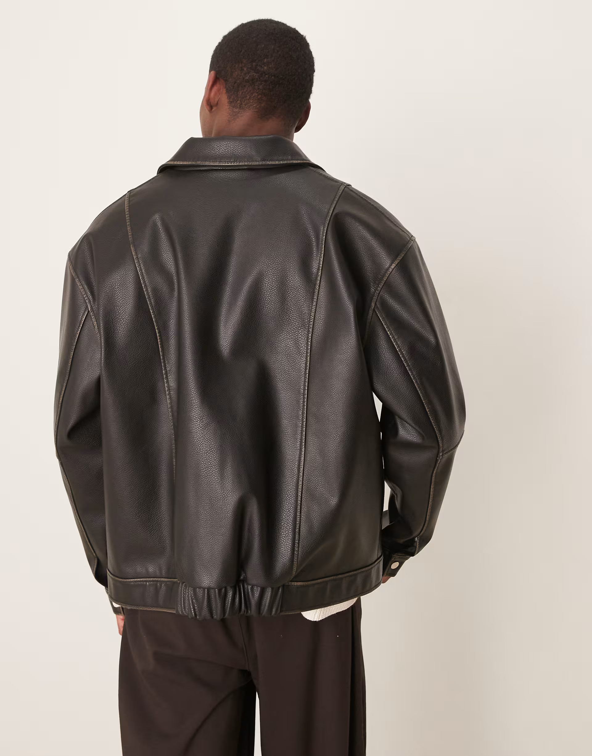 ASOS DESIGN Premium faux leather oversized harrington jacket in brown | ASOS | ASOS (Global)