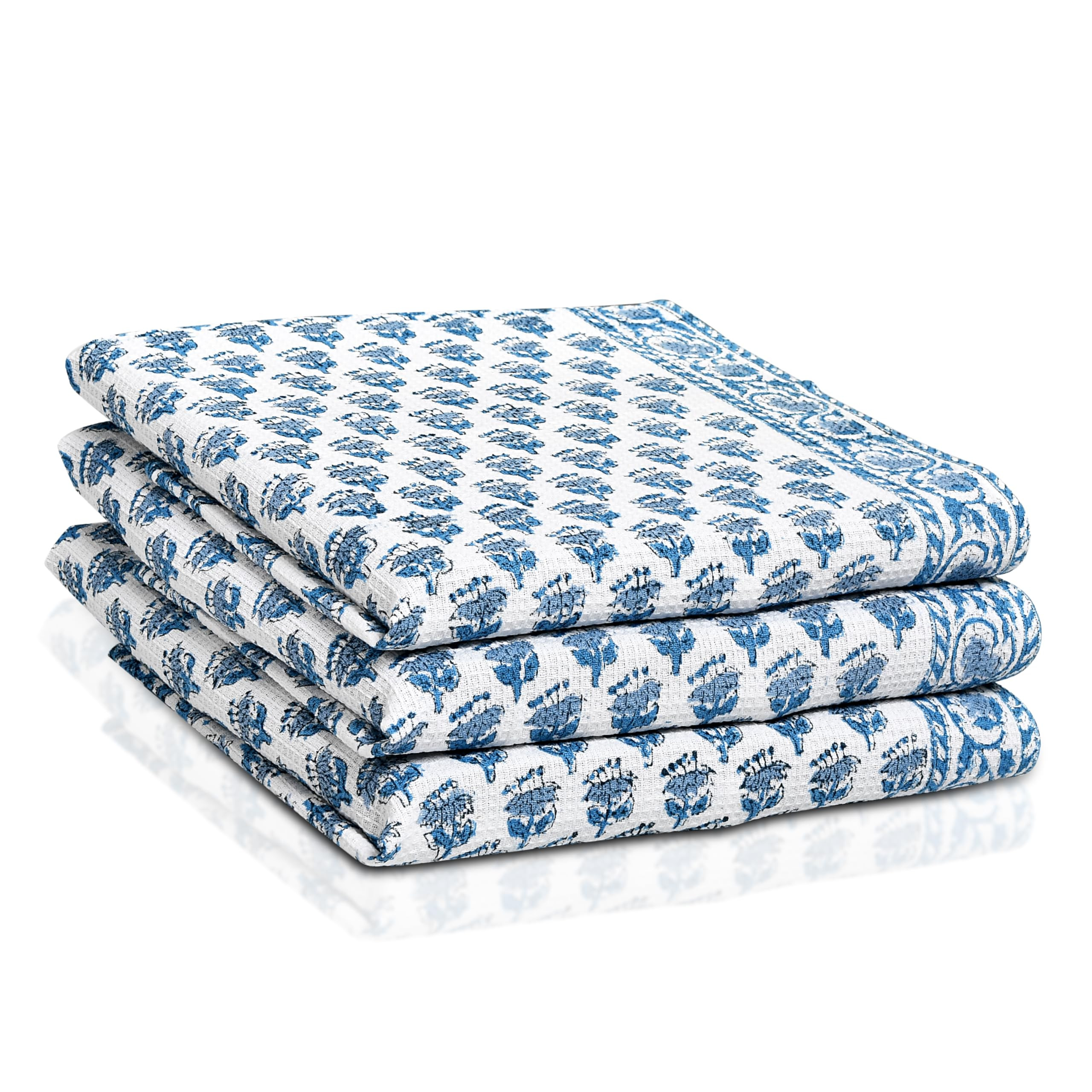 CPC Apatite Blue Hand Block Print Waffle Kitchen Towel Set of 3-16 x28 Ultra Absorbent Quick Dry ... | Amazon (US)