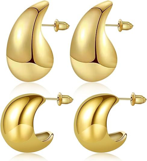 iLovey Chunky Gold Hoop Earrings for Women 18K Real Gold Plated Teardrop Earrings for Women Girls... | Amazon (US)