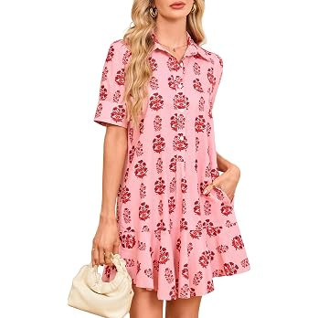 Women's Floral Mini Shirt Dress Summer Puff Short Sleeve Button Down Collared Ruffle Hem Swing Ca... | Amazon (US)