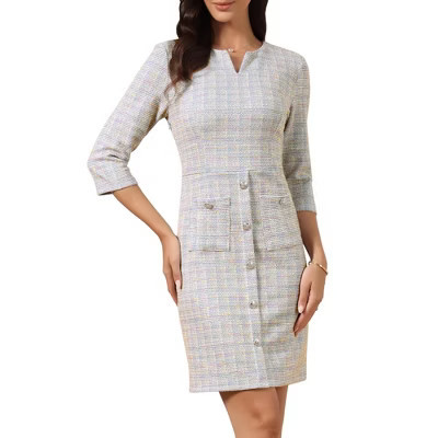 INSPIRE CHIC Women's Tweed Split Neck 3/4 Sleeve Front Pockets Buttons Vintage Sheath Mini Dresses Large Multicolor Blue | Target